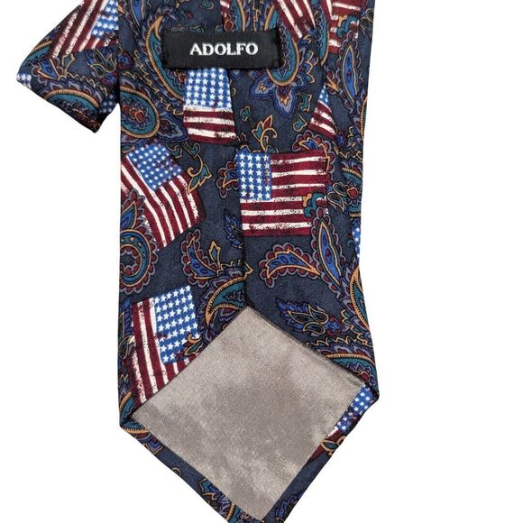 Adolfo 100% Silk Tie American‎ Flag Paisley Patriotic USA Classic Width - Picture 5 of 12